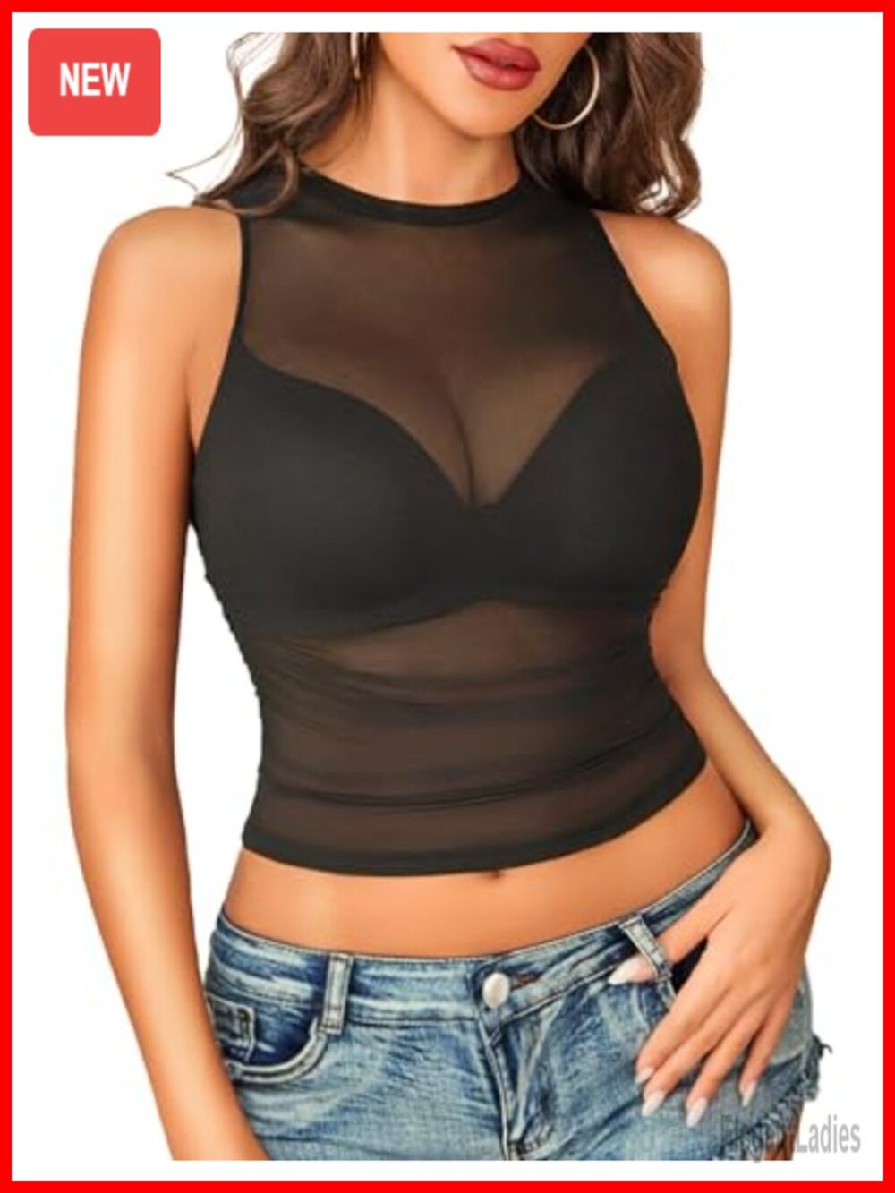 Avidlove Women Sheer Mesh Camisole High Neck Ruched Crop Tank Top